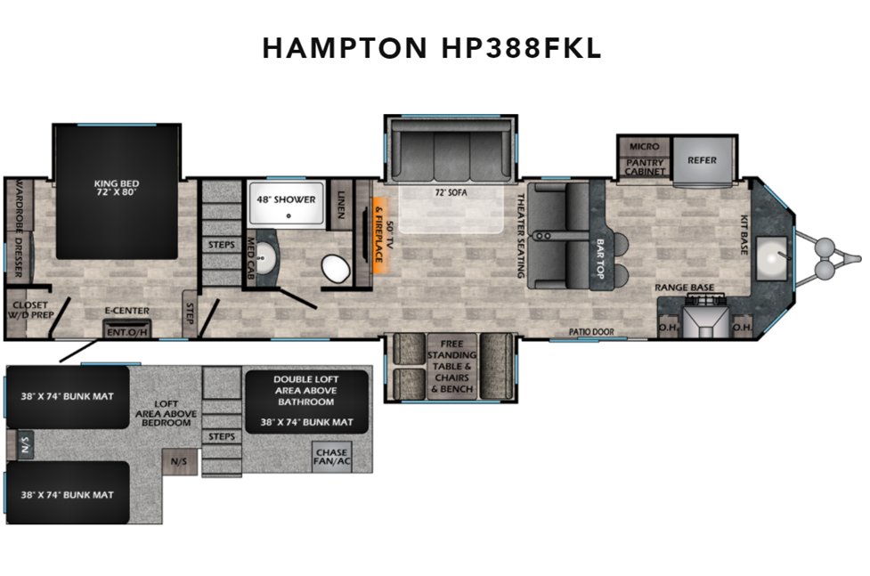 Check out this awesome floorplan for this Hampton 388FKL! - Double lofts!! 💥🤯🤯💥
See more in the video tour:  ow.ly/xQoX50Dbk01
Also, 4 slides give you more floorspace, offering plenty of room to move around from the front kitchen, through the entertainment area...👍👍😀