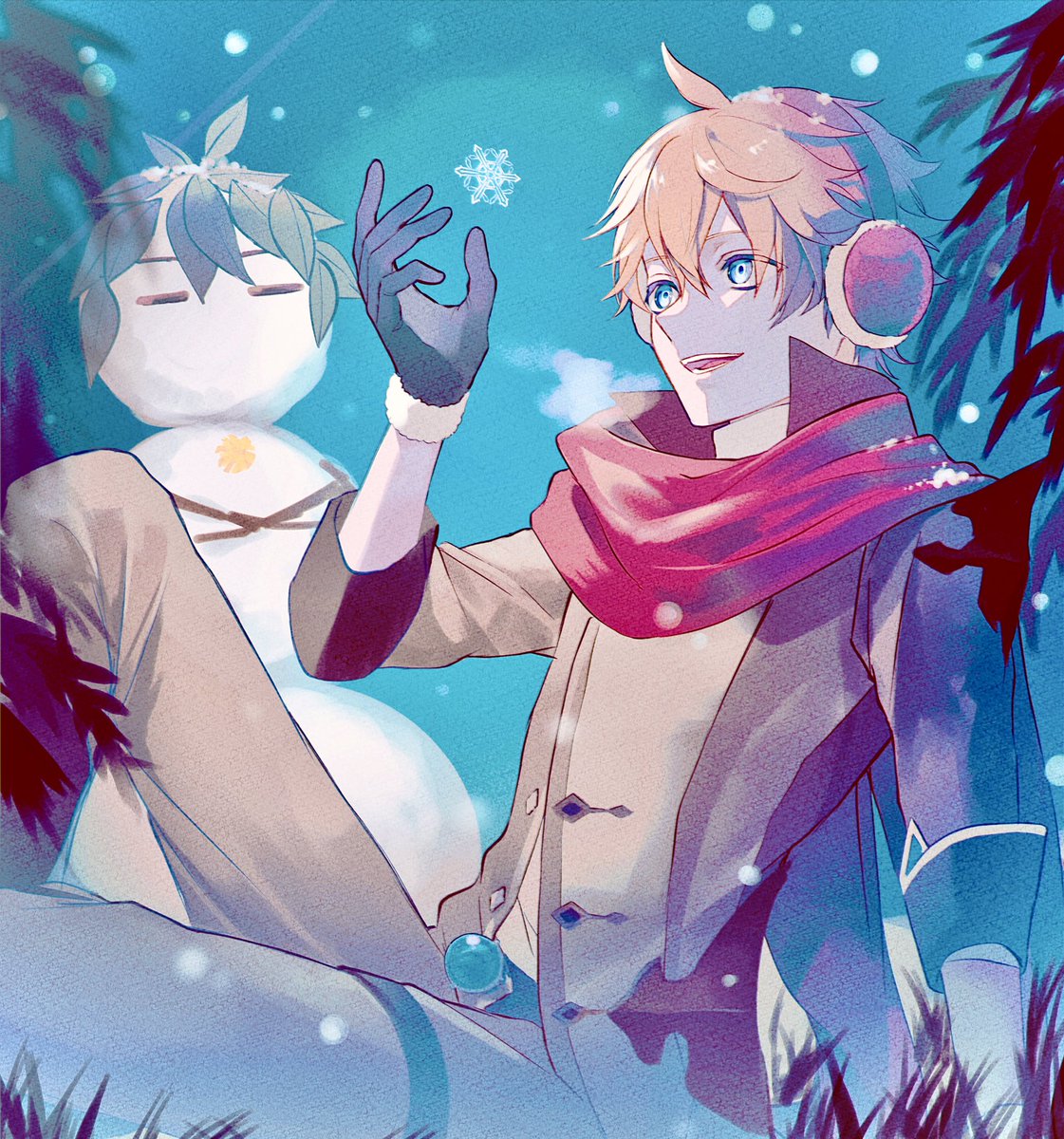 tartaglia (genshin impact) snowman gloves red scarf scarf male focus blue eyes earmuffs  illustration images