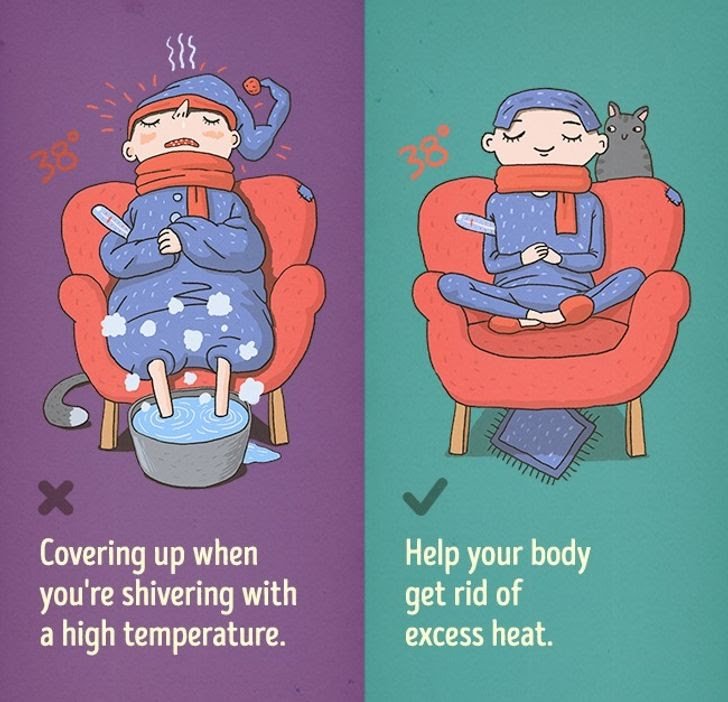 Kebetulan aku nemu infografis visual yg unik utk membantu temen2 belajar dgn baik.1. SELIMUTAN/PAKAI BAJU TEBEL PAS DEMAMWell, terkadang ketika demam, tubuh bs menggigil. Meskipun gk semua demam menunjukkan gejala seperti itu. Tapi, selimutan ketika demam bukan pilihan tepat!