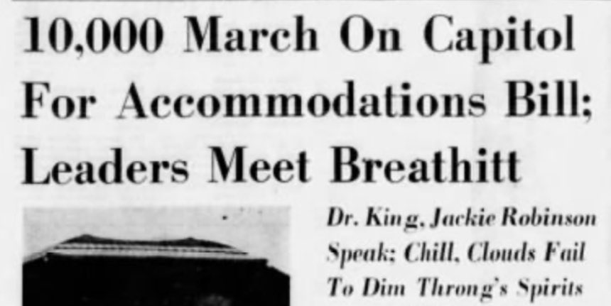 In 1964, King and Jackie Robinson led a march of 10,000 people — despite 38-degree temperatures — in Frankfort, demanding legislators and the governor pass legislation to end segregation and discrimination. Among those in attendance was the 15-year old daughter of the governor.