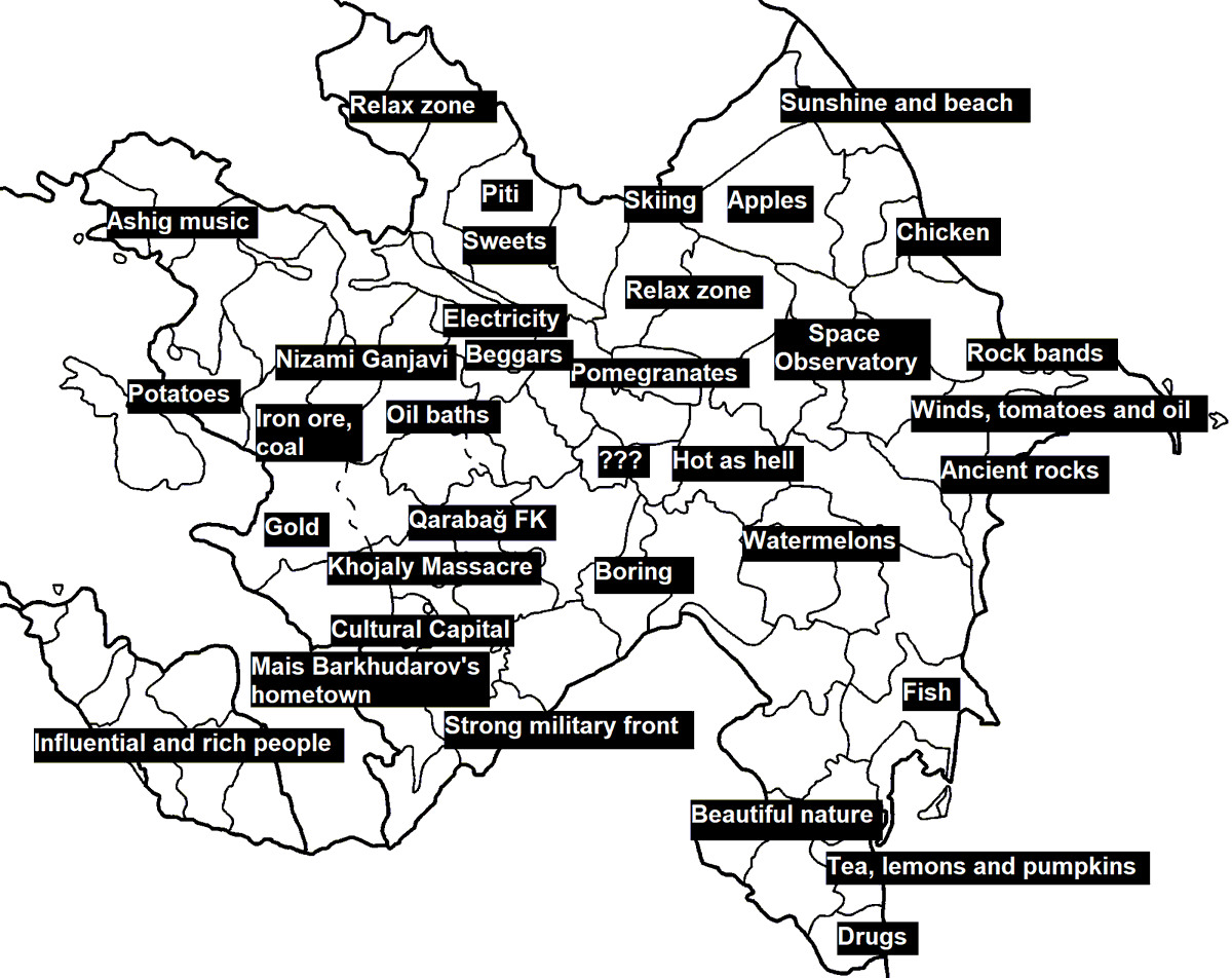 DrAlakbarov's tweet photo. Regional Stereotypes of Azerbaijan.

Of course, not all of this is true but this map includes some common stereotypes. https://t.co/MwXuK0DlD0