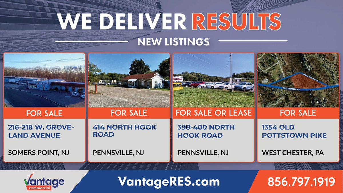 LeorCRE's tweet photo. This week's #VantageCommercial new listings include space in Somers Point, Pennsville, and West Chester.
View Out Listings: https://t.co/9z4OIArzEJ
Contact 856.797.1919
#NJRealEstate #CommercialRealEstate #RealEstate #CRE365 #CRENews https://t.co/6LCXhmxKxH