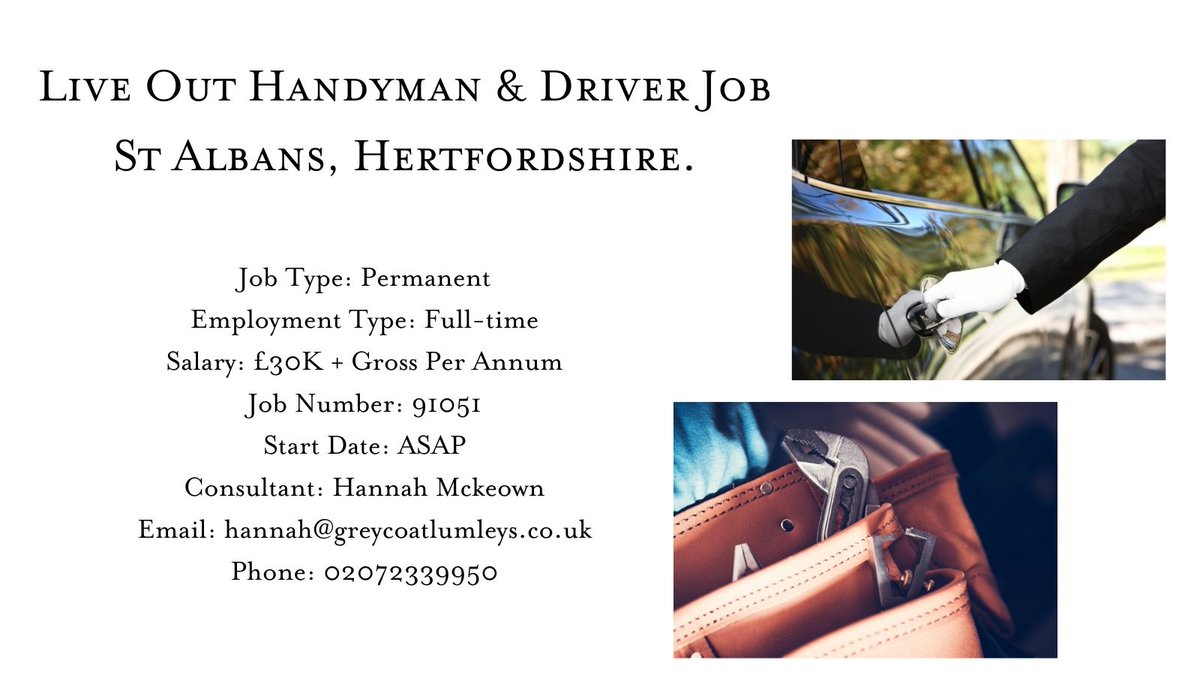 The client is looking for an experienced Handyman to look after the family home as well as his offices and a few rental properties in the surrounding areas.

Click here for full job spec ow.ly/b5fj50Dbv74

#handyman #driver #jobsinhertfordshire