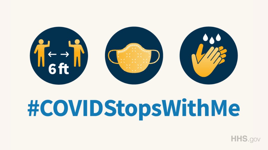 Continue social distancing, wearing a face covering, and washing your hands frequently to help protect yourself and others around you from #COVID19. Learn more: hhs.gov/coronavirus. #COVIDStopsWithMe