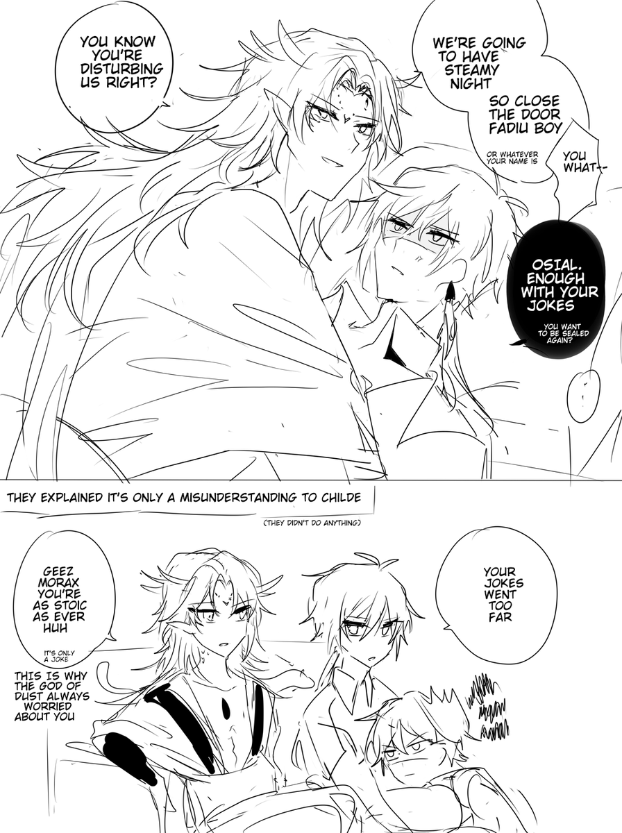 osirax (?) ft tartali
unhinged osial + osial visiting zhongli after the fight with qixing &amp; adepti.. and there's childe