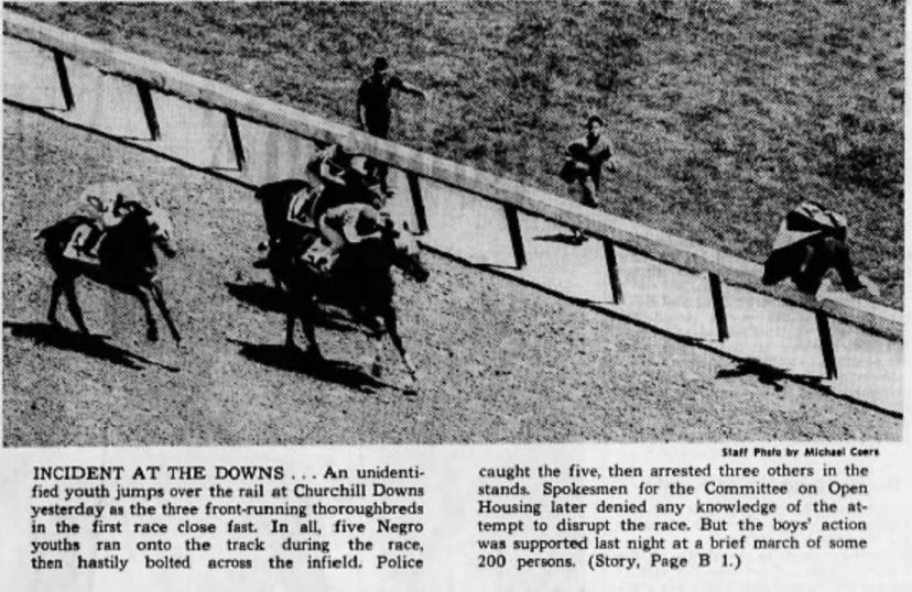 Open housing advocates planned a massive demonstration ahead of the 1967 Kentucky Derby, and one protest leader said to expect “open hell” for Derby Week. A few protesters ran onto the track at Churchill Downs, disrupting a Tuesday race.