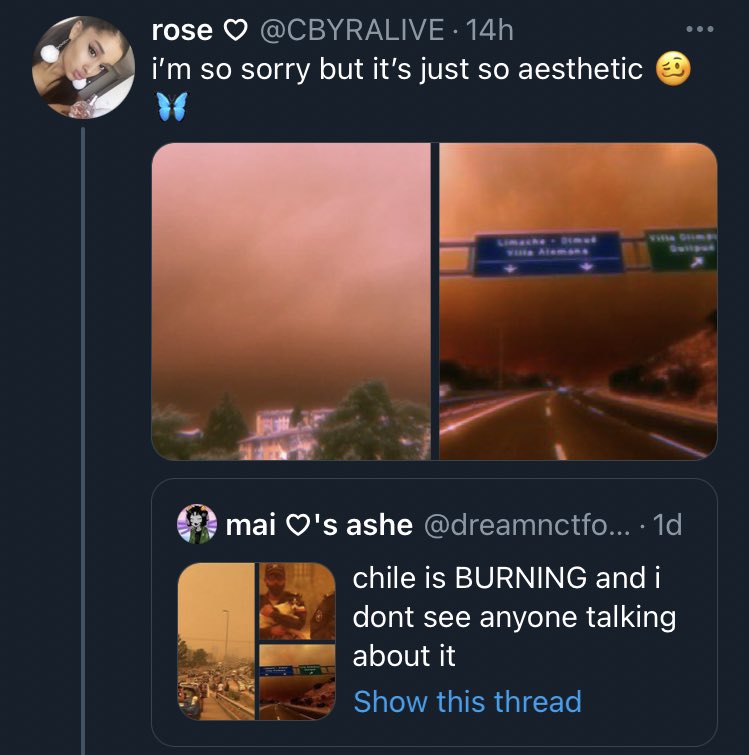 THIS is what Latinos mean when we say no one gives a SHIT about us. when is the US everyone drops everything to spread the word and help out but when it’s Latin America people can make edits of devastating forest fires and call it “aesthetic” and use it to promo songs.