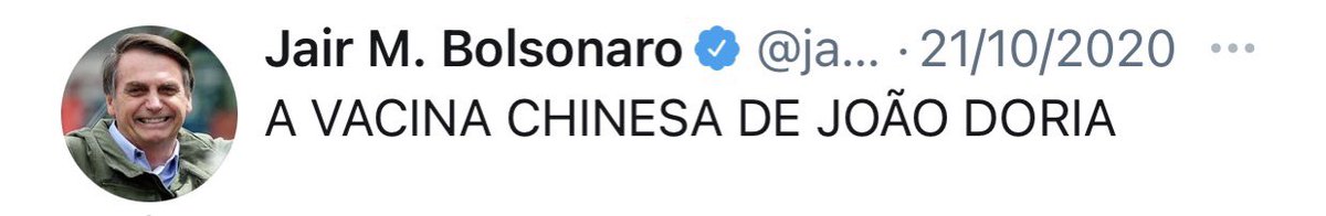 “A vacina é do Brasil, não é de nenhum governador, não”, disse hoje o mesmo Jair Bolsonaro que chamava a Coronavac de “vachina chinesa do João Doria”.

Haja picaretagem.