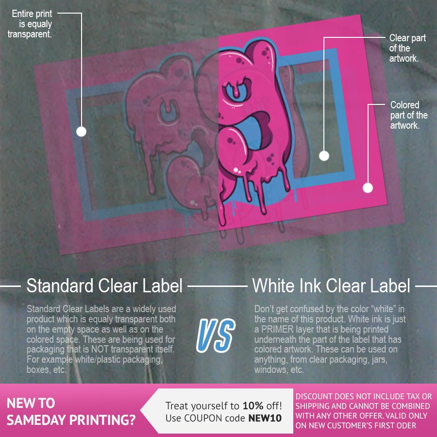 SameDayPrinting's tweet photo. Standard Clear Label VS White Ink Clear Label - https://t.co/2dCkwlDoCZ https://t.co/jq1dq5j9f8