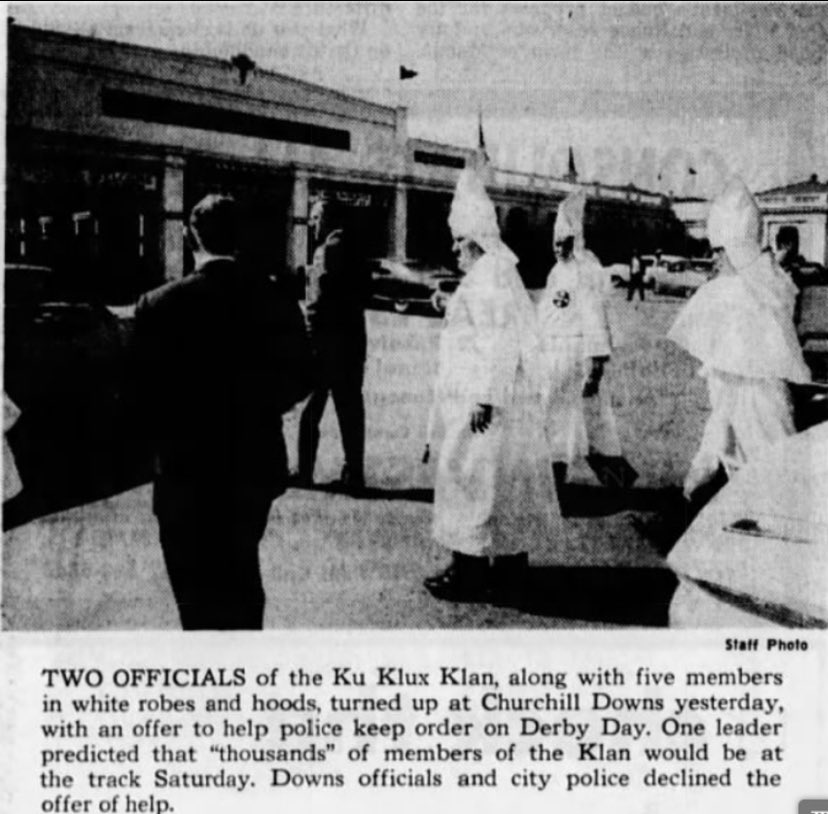 That same day that Dr. King spoke in Louisville, robed members of the Ku Klux Klan showed up at Churchill Downs proposing to “help keep law and order” on Derby day. The offer was declined by the racetrack and local police.