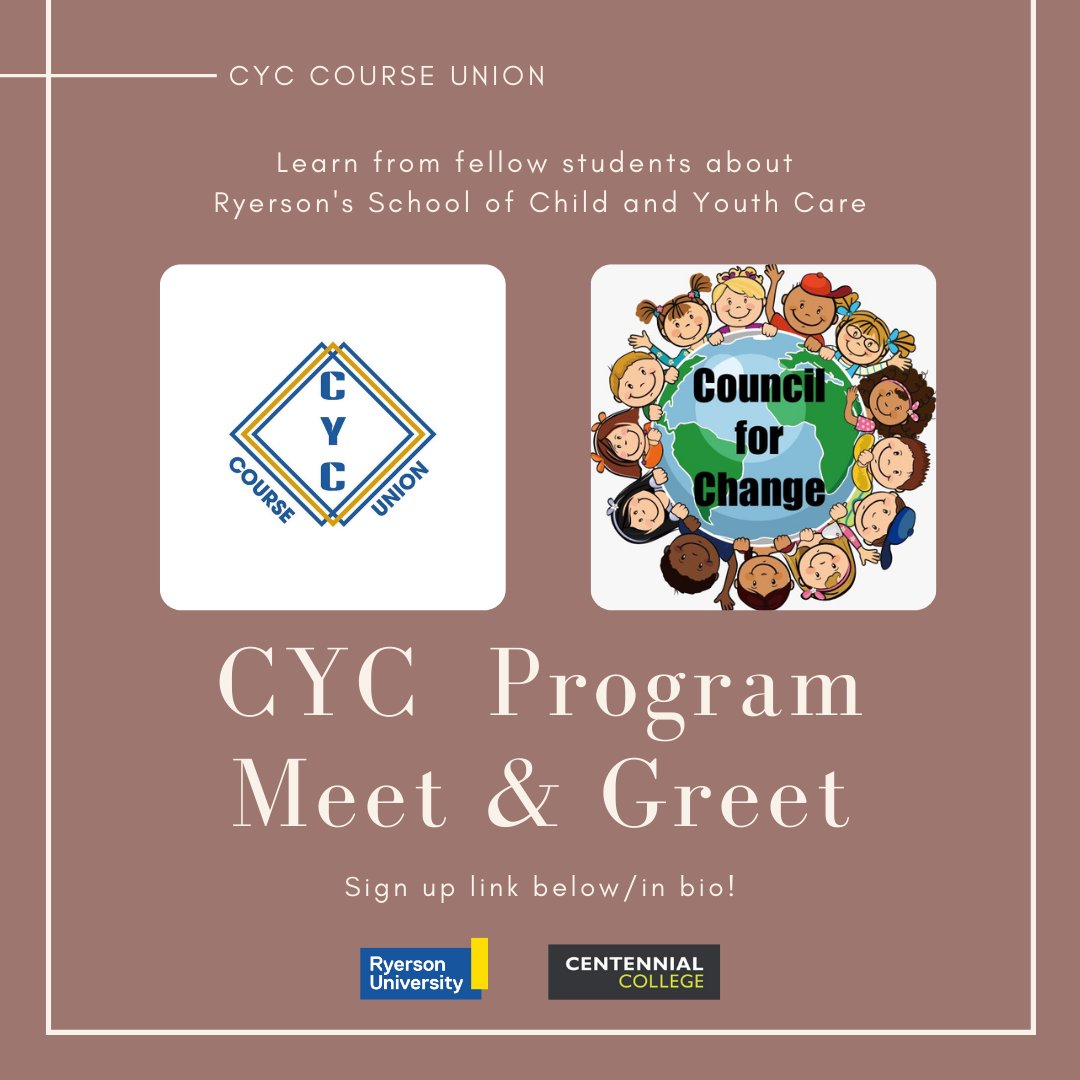 Are you a Centennial student considering the direct entry Child and Youth Care program at Ryerson? 

Attend a meet and greet with fellow students on Saturday January 30th from 12-2pm EST.

Register here: forms.gle/rw95Ur5is9Aogg…