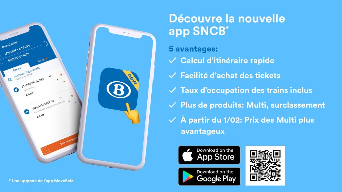 SNCB's tweet image. La #SNCB lance sa nouvelle application pour smartphones ! 

Téléchargez-la ici : 
🤖 Android : bit.ly/39KyfoT
🍏 iOS : apple.co/3qsZefy 

Si vous avez déjà l’app SNCB #MoveSafe, le changement se fera automatiquement via une mise à jour 🔄