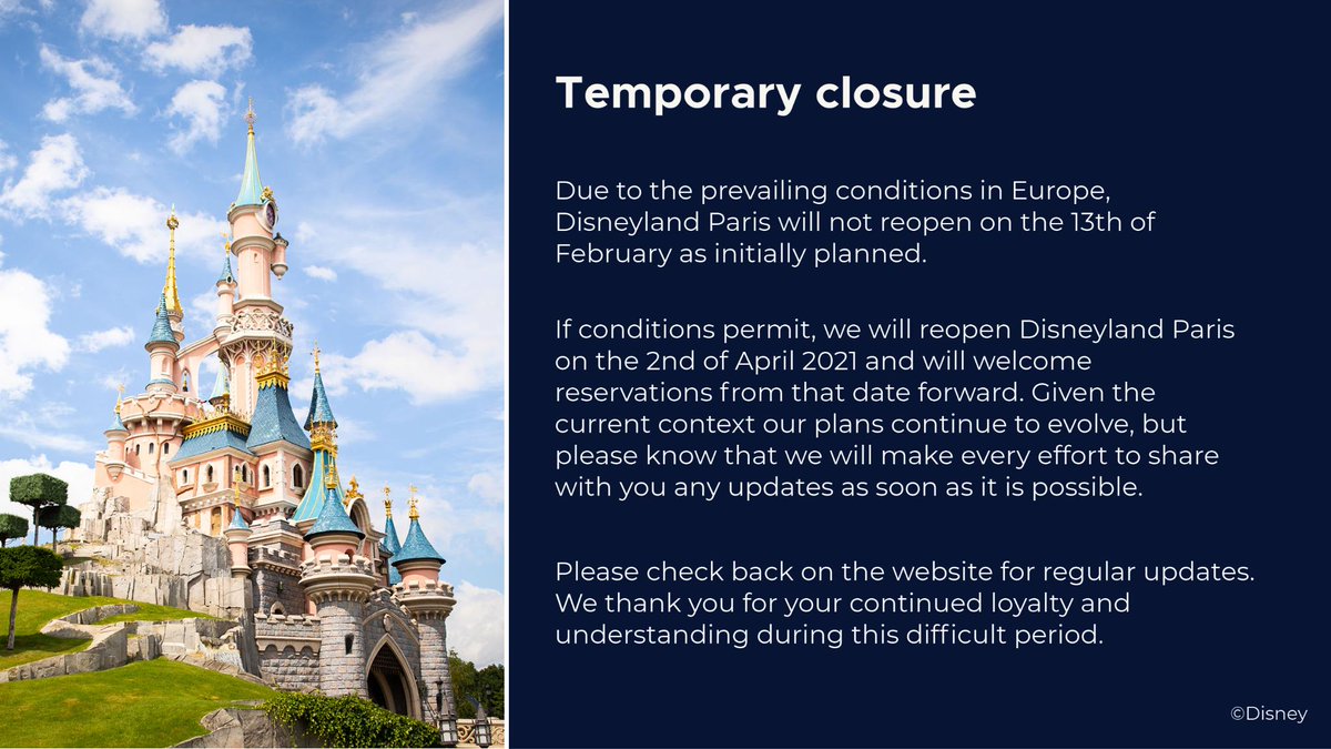 DisneyParis_EN's tweet photo. Due to the prevailing conditions in Europe, Disneyland Paris will not reopen on the 13th of February as initially planned. If you have a booking with us during the closing period, please check our website for our latest commercial conditions: https://t.co/3c0DbxYPLC https://t.co/yom7cB4it3