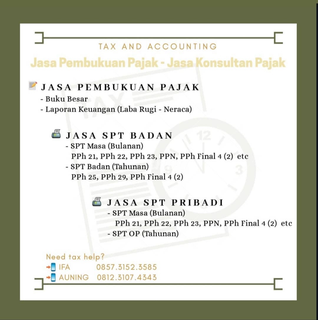 a_unning's tweet photo. Menyediakan jasa pelaporan SPT Masa ataupun Tahunan
- PPh Pasal 21
- PPh Pasal 23
- PPh Final (PPh 4 (2))
- SPT OP
- SPT Badan
- Laporan Keuangan dan Pembukuan https://t.co/jW8JMMgeVI