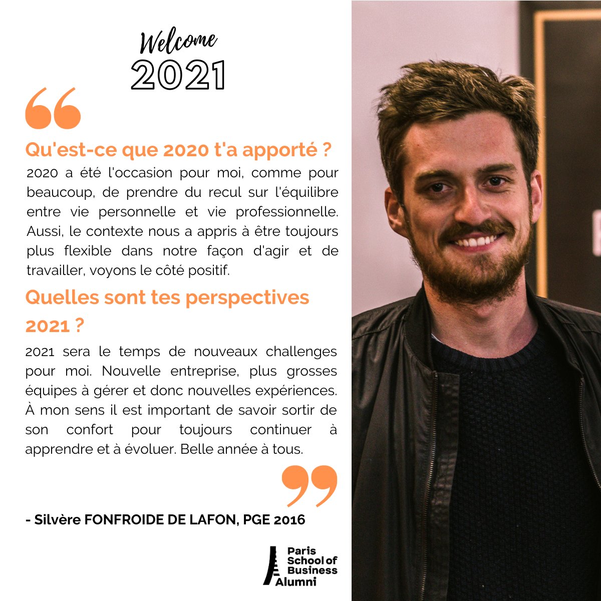 🇫🇷 Dix huitième jour de notre calendrier « Welcome 2021 », nous avons le plaisir de vous présenter le témoignage de Silvère Fonfroide PGE en 2016 

🇬🇧Eighteenth day of our "Welcome 2021" calendar, we are pleased to present the testimony of Silvère Fonfroide a 2016 PGE