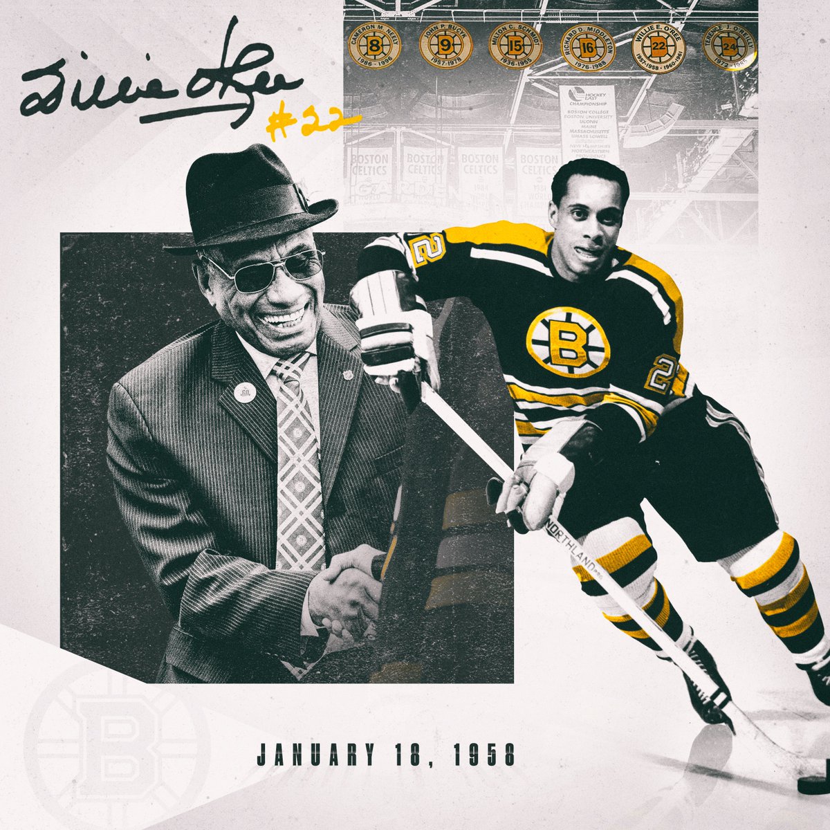 NHLBruins's tweet photo. On this day in 1958, Willie O’Ree became the first Black player to compete in a National Hockey League game.

63 years later, he continues to make a profound impact on the sport of hockey and everyone who loves our game. https://t.co/ApmHUI5UHZ