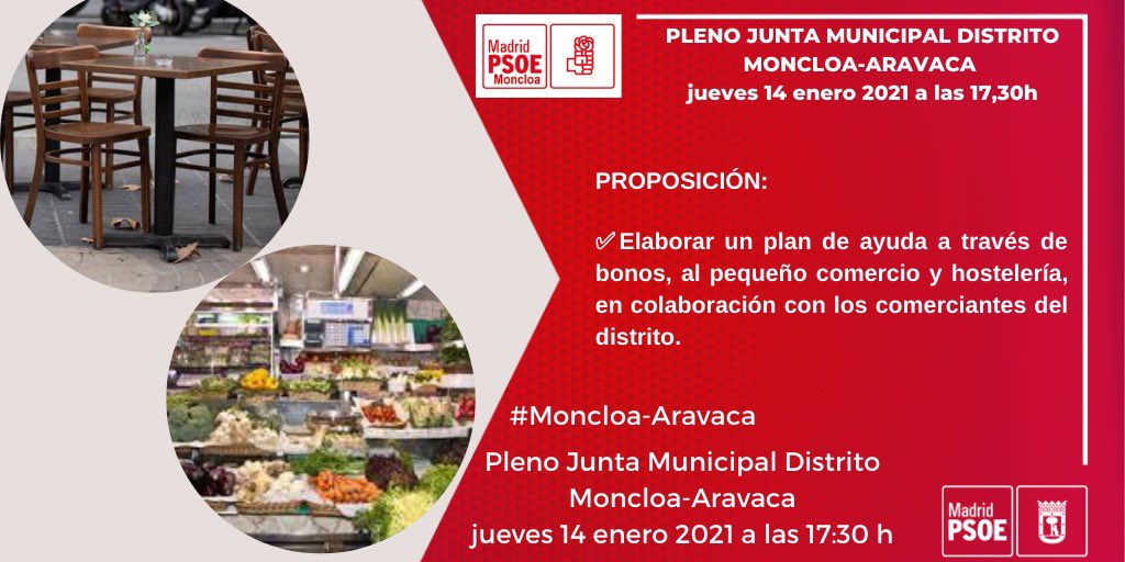 PSOEMoncloa's tweet photo. #Proposiciones #Pleno Junta Distrito #MoncloaAravaca 👏👏🌹🗓 Martes 19 enero a las 17,30h 👇 https://t.co/DCtnqzGUyF
