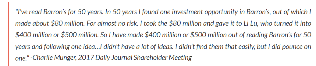 ariozick's tweet photo. Following FinTwit and its subgenres often reminds me of the famous Charlie Munger quote about Barron's: https://t.co/r20tDzXHgE