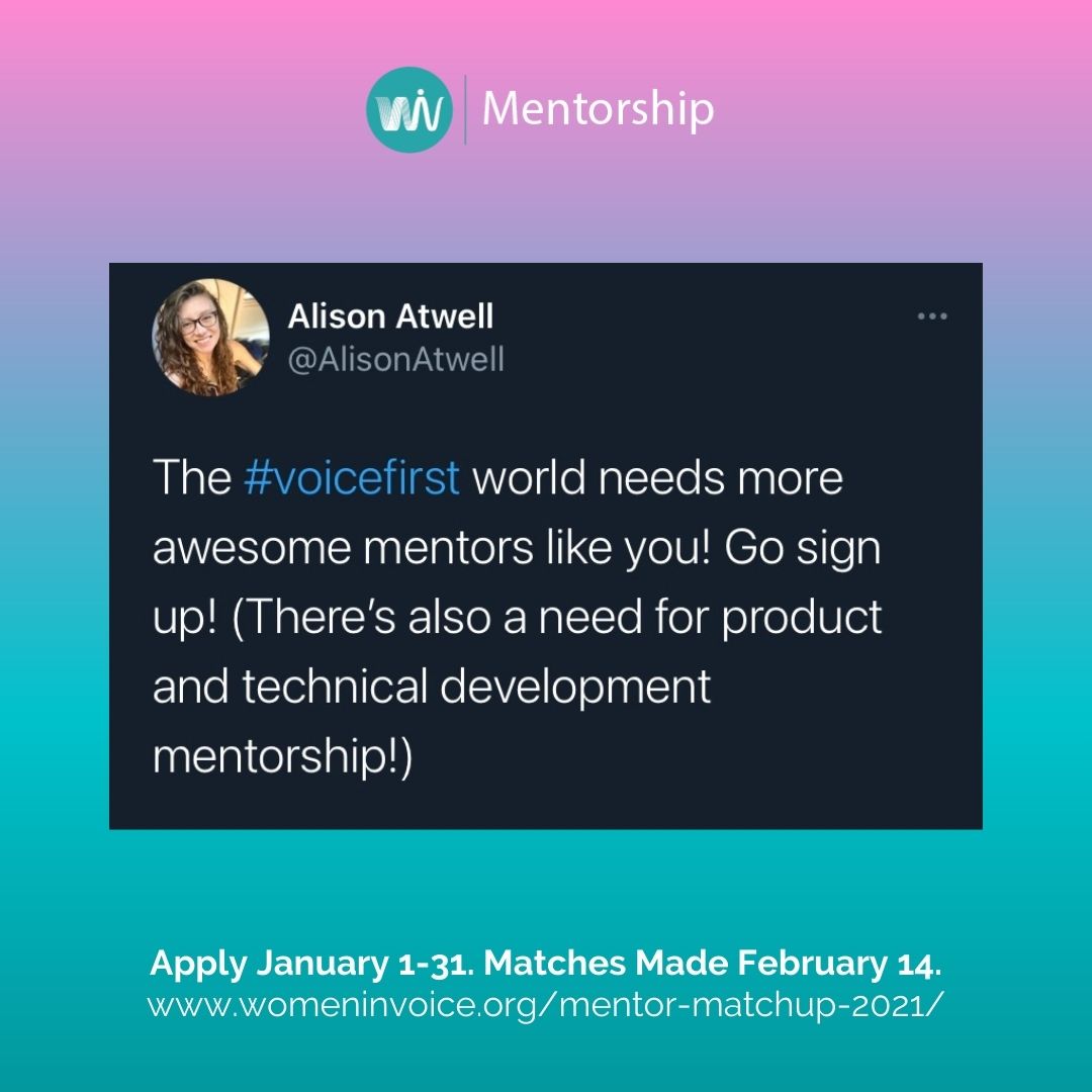 WomenInVoice's tweet photo. Our community says it best 💓  If you work in #VoiceTechnology do not miss this opportunity to grow your network and share your experience with others. #WomeninVoice #MentorMatchup

2 weeks left to SIGN UP for WIV Mentor Matchup 🔑  https://t.co/Fil4bX5mYT https://t.co/nrQz1wycE6