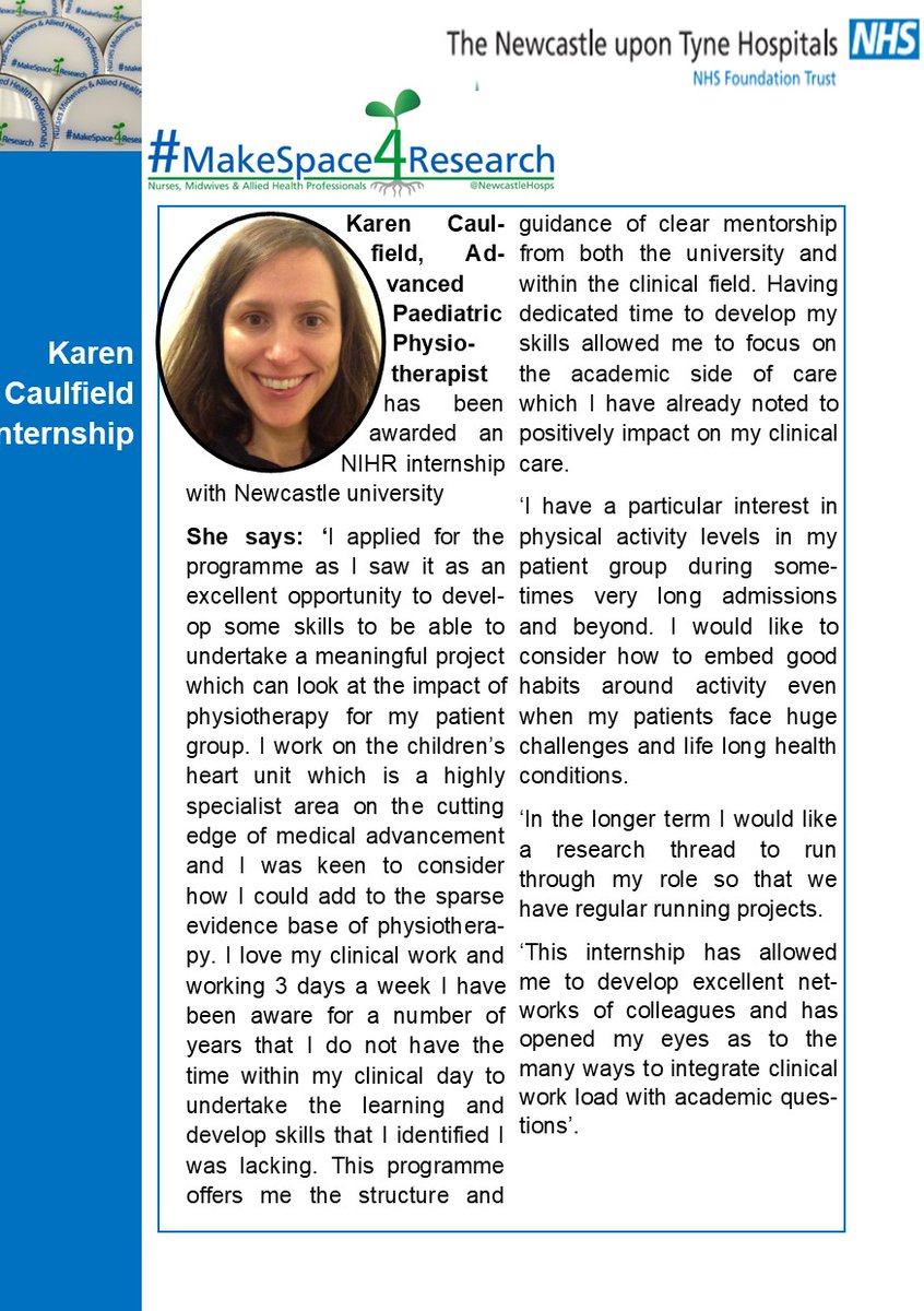 NUTH_NMAHPRes's tweet photo. Our paediatric physiotherapist Karen Caulfield has been awarded an NIHR internship with Newcastle University - well done Karen!
What's YOUR #ResearchResolution?
#MakeSpace4Research
@niinamk @NewcastleHosps @NuTHResearch @NIHRCRN_NENCumb @TinkleLin https://t.co/xXcMj9i3Hx