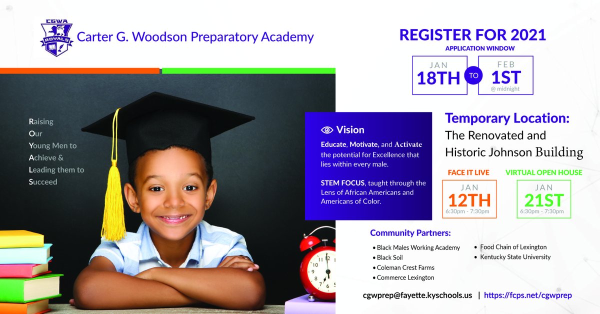 The application window for the Carter G. Woodson Preparatory Academy is open Monday, Jan. 18 through Monday, Feb. 1 at midnight. For more information visit fcps.net/cgwprep. Contact the CGW Prep team with questions [cgwprep@fayette.kyschools.us].
