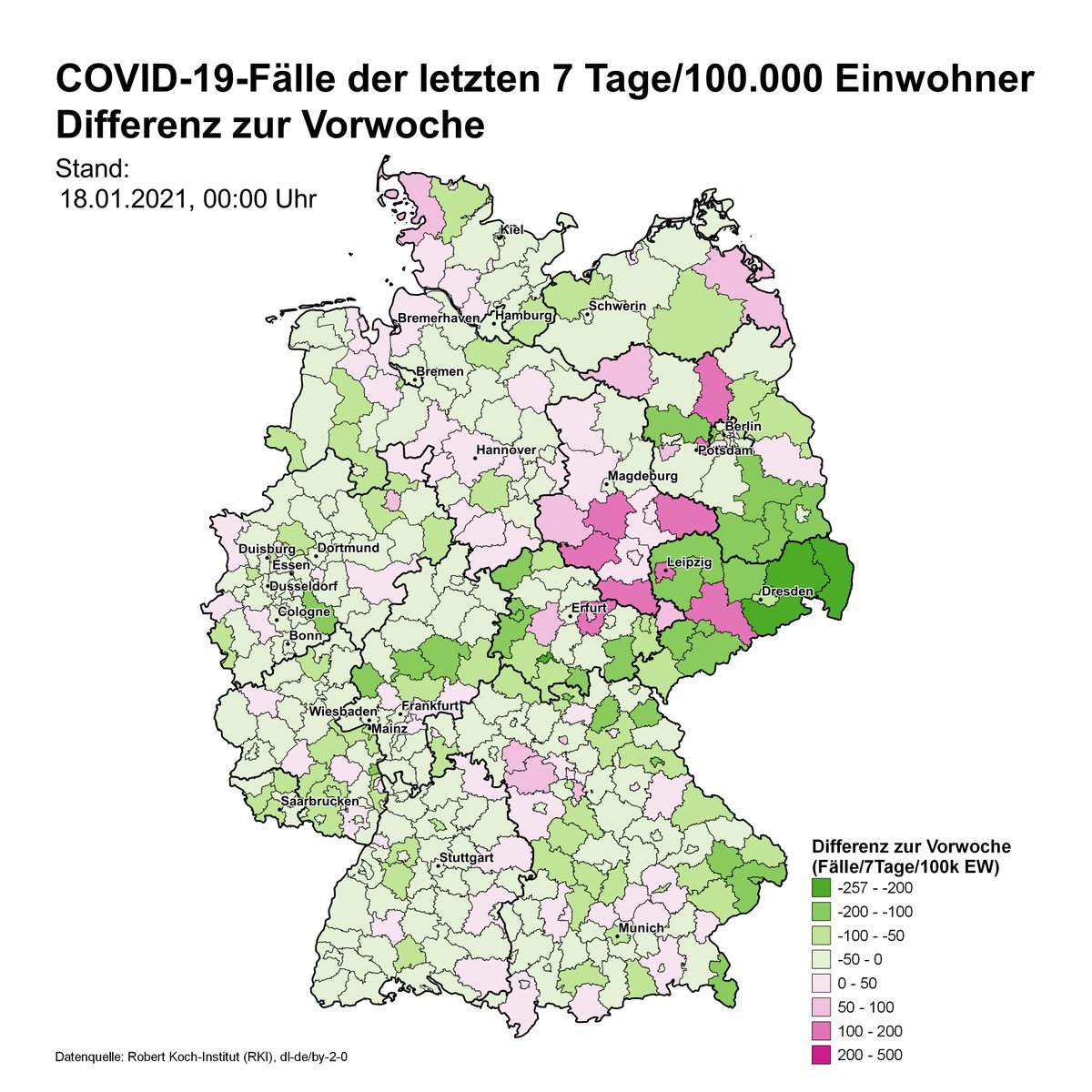 FrlBraun's tweet photo. After my choice of a diverging color ramp has been criticized last week I now used it to show the changes of the 7-day incidence of COVID-19 cases in Germany compared to last Monday. Also the inferno map looks a bit less scary today. #QGIS #covid19map https://t.co/8fzoQcxYzs
