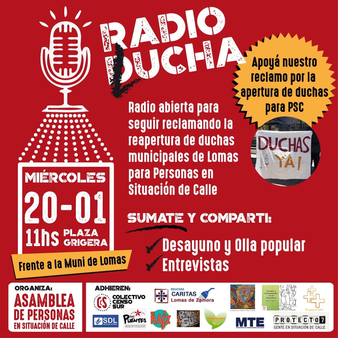 censosurpsc's tweet photo. 🔻| ¡Volvemos a hacer la Radio Abierta! 🎙
Esta vez, frente al Municipio de Lomas de Zamora para que nos escuchen 🗣👥👂🏽
@MunicipioLdeZ @DesarrolloLomas @MinDesarrolloBA @minsaurralde @CrisVGutierrez

📢 #ReaperturadeDuchasYa ✊🏼
📢 #LaCalleNoEsUnLugarParaVivir ❌ https://t.co/g9FB5qCqNH