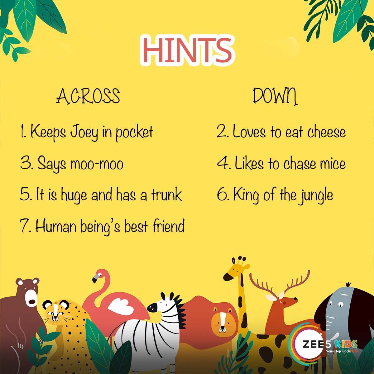 Free5onZee5's tweet photo. Make your kids solve the crossword and share their answers in comments. We’re waiting!  #ZEE5Kids #NonStopBachFun https://t.co/cmMbe2NQ1I
