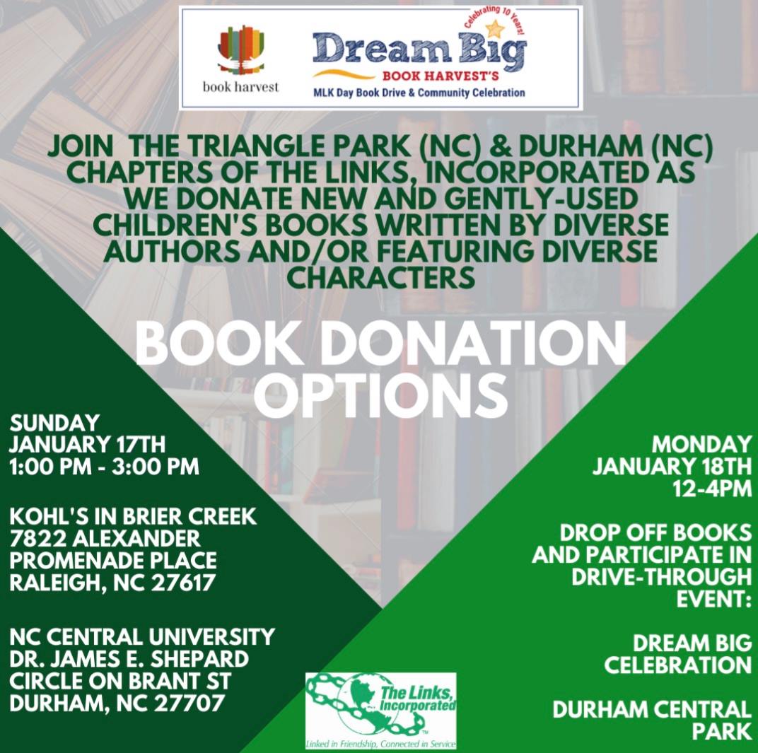 TPCLinks's tweet photo. Join us today for the @Book_Harvest Dream Big MLK Book Drive & Celebration! It's a drive-through event from Noon-4:00. Please come out to @DCPDurham & donate books for this great cause in our community! #mlkday #bookharvestnc #thelinksinc #tpclinks #salinks https://t.co/q1LQM06bED