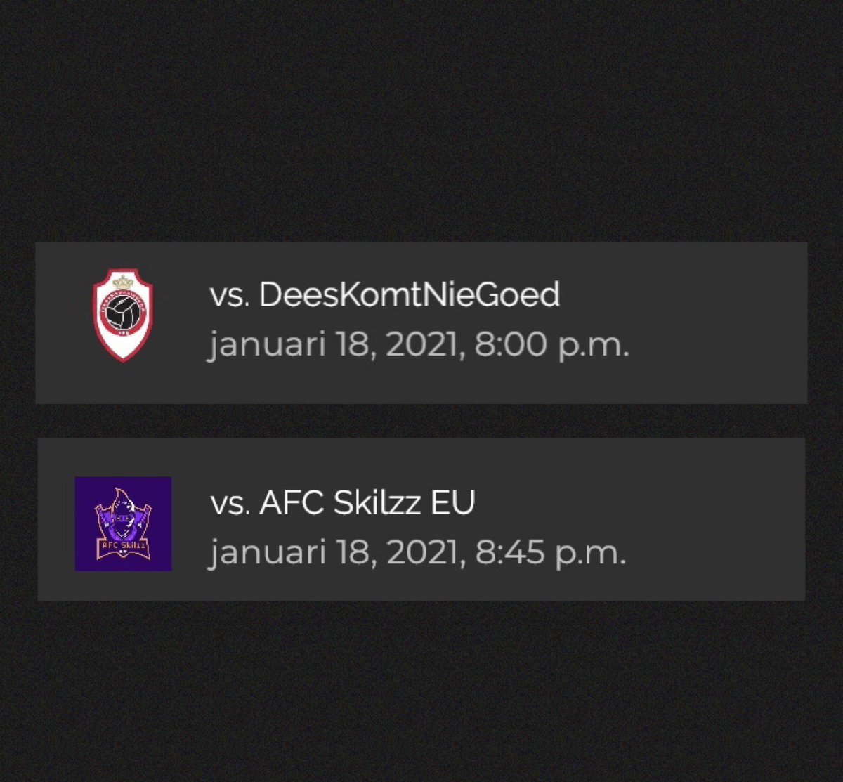 Hello everyone,
Tonight it all starts again! 
The boys have had a good preparation with great football and great results. But today it’s for real!
On the schedule tonight, we start with a good meeting at 8pm <a href="/KomtNie/">DeesKomtNieGoed</a> and at 8:45pm. We get <a href="/AfcSkillz/">afc skillz</a> over the floor.