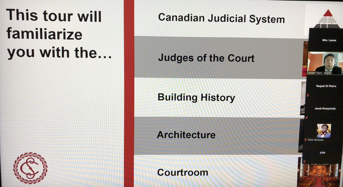 STMLawClass's tweet photo. Currently our Grade 12 law students are virtually traveling to Ottawa for a remote Tour of the Supreme Court of Canada! @stmcss @SCC_eng #onlinelearning #lawisfun https://t.co/FCeHBnOyfX