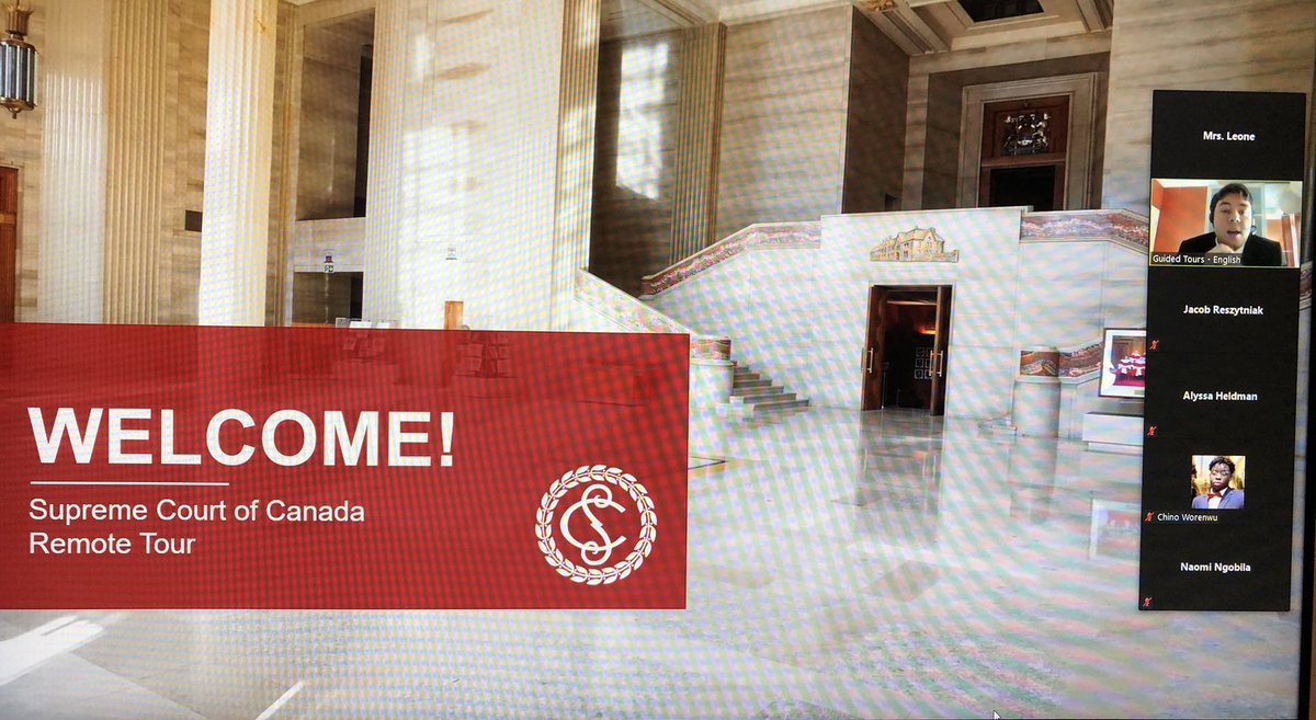 STMLawClass's tweet photo. Currently our Grade 12 law students are virtually traveling to Ottawa for a remote Tour of the Supreme Court of Canada! @stmcss @SCC_eng #onlinelearning #lawisfun https://t.co/FCeHBnOyfX