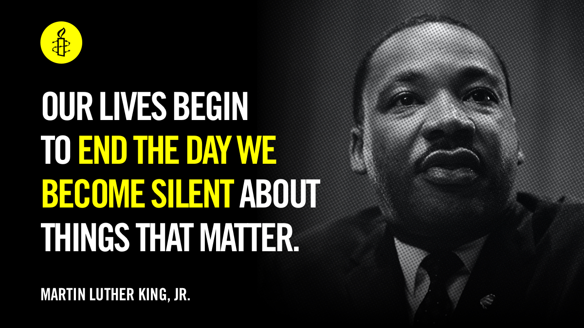 amnestyusa's tweet image. Today we celebrate #MLKDay2021 and all of Dr. King&apos;s work towards justice and human rights.

”Our lives begin to end the day we become silent about things that matter.” - #MLK