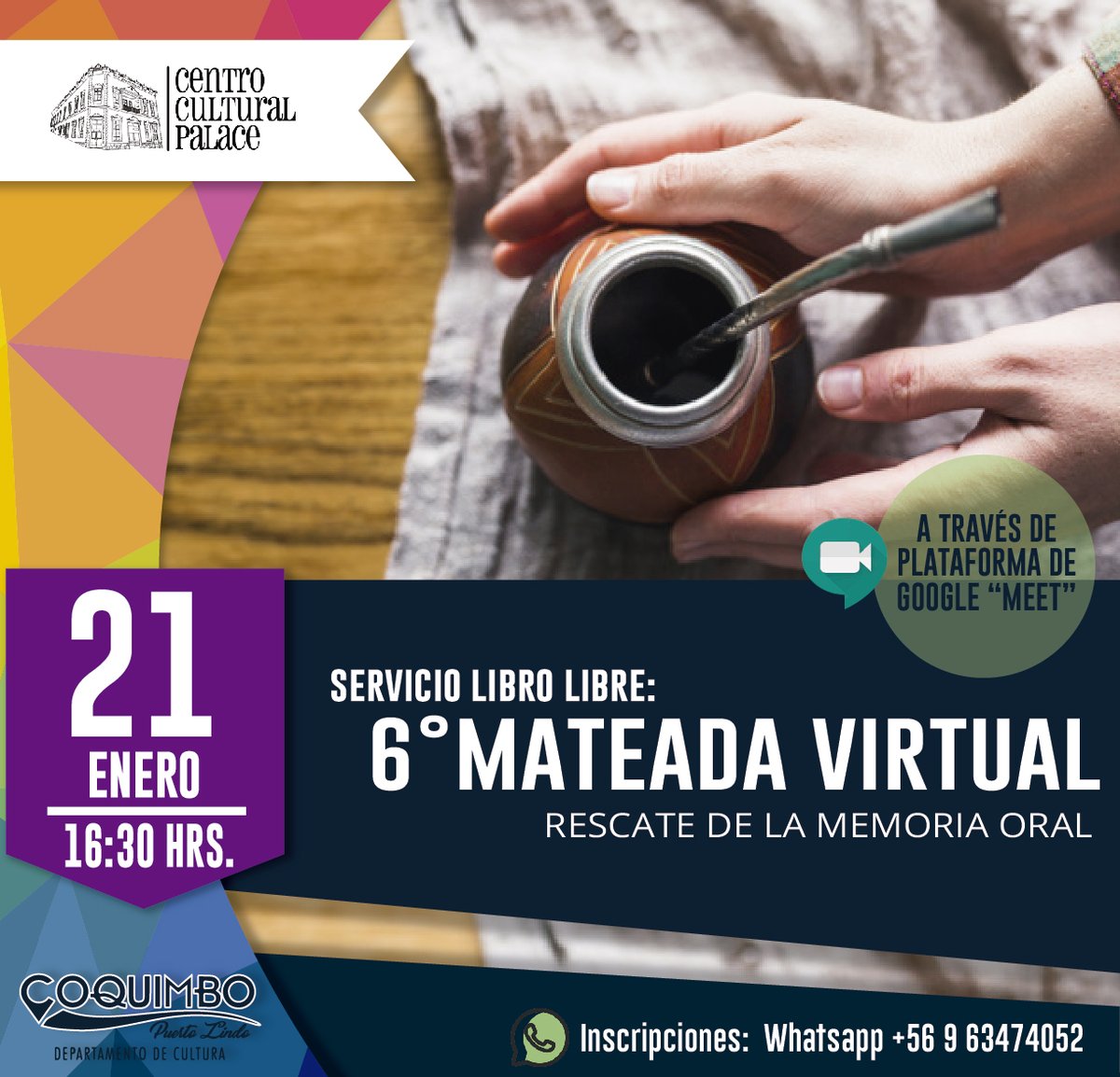Amig@s, l@s invitamos para este 21 de Enero, a las 16.30 hrs, a participar de nuestra 1° “Mateada Virtual”, año 2021, org. por Serv Libro Libre del CCPalace. Las inscripciones abiertas en nuestro Wsp +56963474052📲

Los Esperamos ☺️👍🏻💻📚!

#PalaceSomosTodos
#CentroCulturalPalace