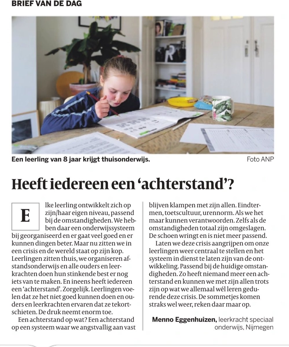 Brief van de dag in de <a href="/volkskrant/">de Volkskrant</a> vandaag.
Heeft iedereen een ‘achterstand’?
#onderwijs