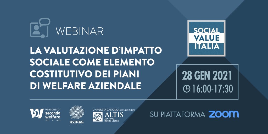 Secondowelfare's tweet photo. Il #28gennaio presenteremo i risultati dell'indagine che abbiamo condotto con @SocialValueIT, @avanzi_ e @ALTIS_Unicatt sulle pratiche di #valutazione di #impatto sociale implementate dalle imprese che fanno #WelfareAziendale

ℹ️ https://t.co/VshufS88Dh

#STD2W #SaveTheDate https://t.co/hjX6tJF52h