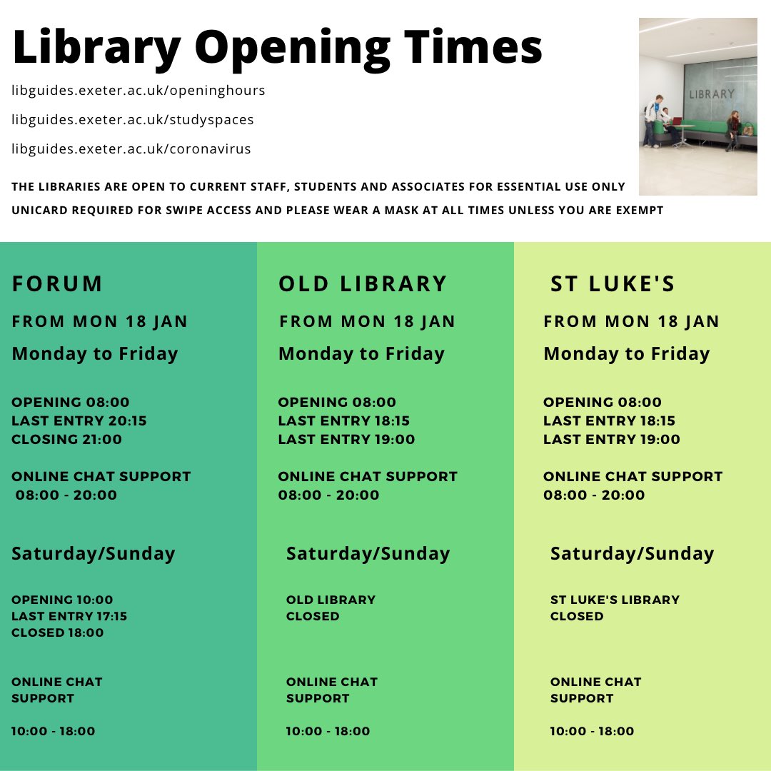 ExeterUniLib's tweet photo. ⚠️ OPENING HOURS UPDATE⚠️
➡️ https://t.co/lkaiAlDEMZ - see No. 2
#exeteruni
#exeteruniversity
#universityofexeter
#uniofexeter
#exeterunilib
#exeterunilibrary
#exepostgrad
#exeterhumanities
#exeguild
#exeterguild https://t.co/2VGJQACj1v