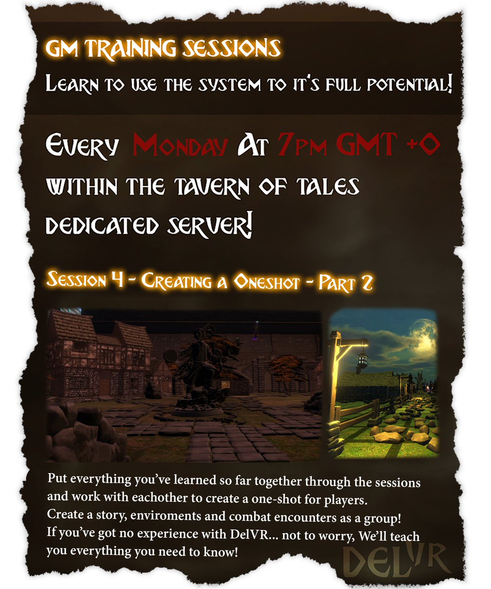 DelVR_Team's tweet photo. Calling all Delvers! Join #GM Training Event No.4 -Part 2 in the #DelVR Tavern of Tales server today at 7pm GMT+0 &amp; 2pm EST.

We'll be putting the final touches onto the one shot we created last week and testing it out!

New players are always welcome!

🐉🎲

 #NeosVR #DnD https://t.co/7Uy2GwehUN