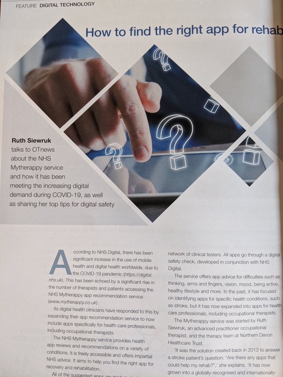 RehabRuth's tweet photo. Thank you @OTnews and @theRCOT for the feature in OT news. Great to have the opportunity to talk digital safety, inclusion and using apps for health. Such a honour to be included. #mhealth #digitalhealth #AHPs #ehealth @ndht https://t.co/akce0YYSEl