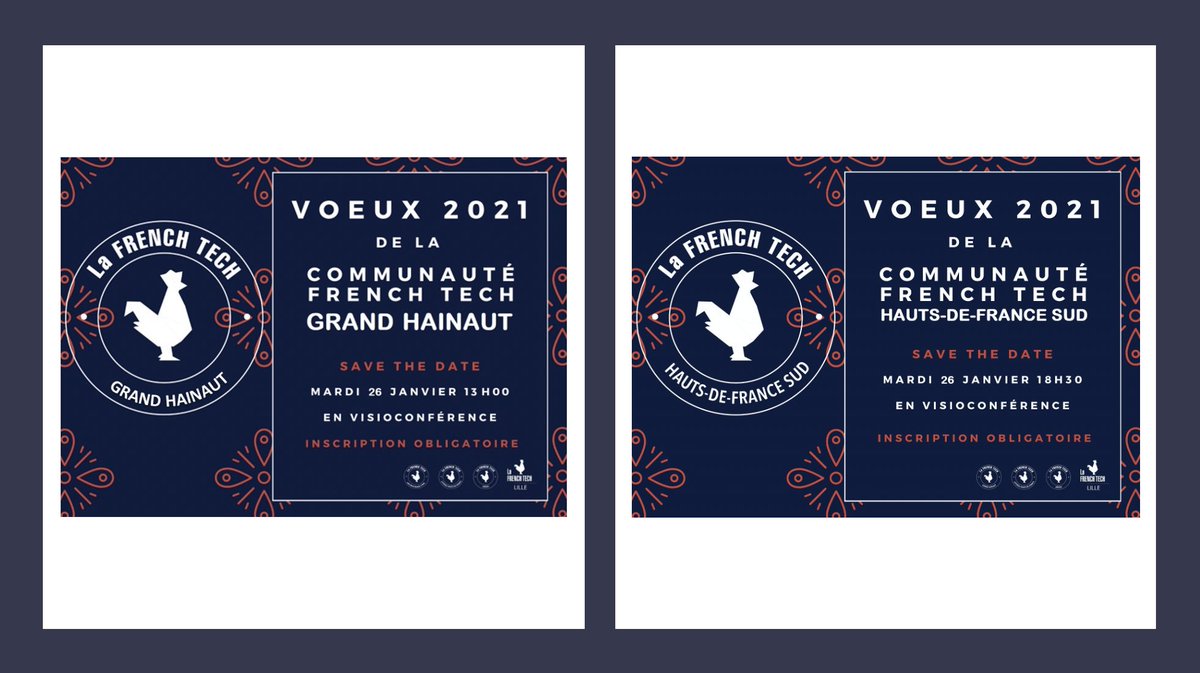 Save the date 📝 Le Mardi 26/01 : 
👉 Voeux de La Communauté French Tech Grand Hainaut à 13h, lien zoom ici : us02web.zoom.us/meeting/regist… 
👉Voeux de La Communauté French Tech HDF Sud à 18h30, lien zoom ici : us02web.zoom.us/meeting/regist…  
On y espère vous y retrouver nombreux ! 🥳