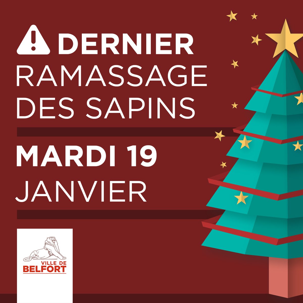 BelfortOfficiel's tweet photo. ♻ #Recyclez votre sapin 🎄 La Ville de #Belfort le ramasse demain matin ou vous pouvez le déposer dans l’une des déchetteries du @GrandBelfort. ➡ https://t.co/TIkOSvLeg6 https://t.co/V143O2cNCC