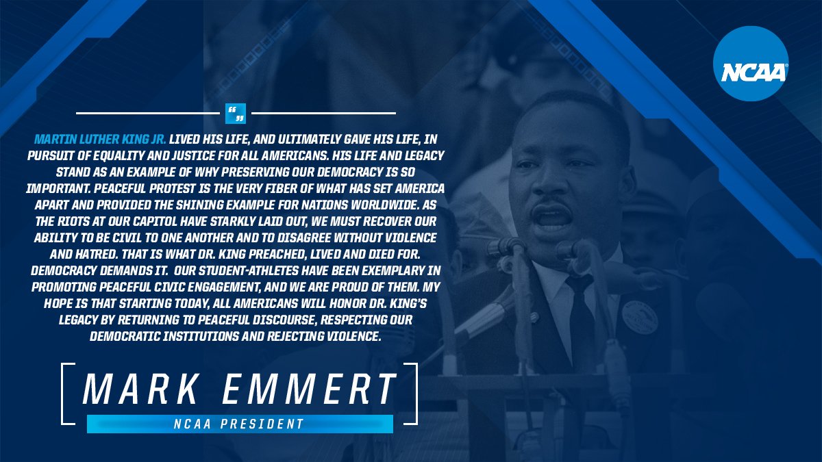 NCAA_PR's tweet photo. President Mark Emmert Statement on Martin Luther King Jr. Day: https://t.co/Brkp3uU96c