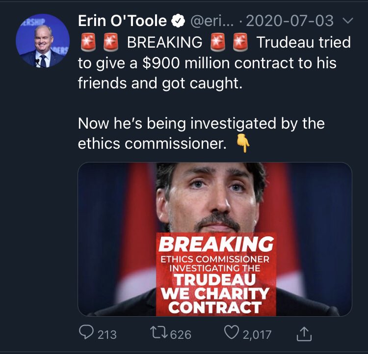 You might say, perhaps  #ErinOToole didn’t hear about the July 2nd assassination attempt on the day. Well here’s what  #ErinOTrump tweeted July 3/2020. He retweeted his deceitful propaganda video & other willful incendiary lies & said NOTHING about the attempt on JT’s life  #cdnpoli