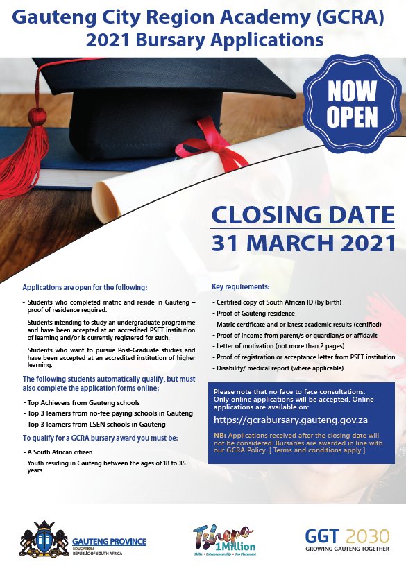 SMU_SA's tweet photo. Gauteng City Region Academy (GCRA) 2021 Bursary Applications. Closing Date: 31 March 2021. Online Applications Are Available On: https://t.co/uDixOgt7HE. #WeAreSMU. https://t.co/O3ie7zhpY1