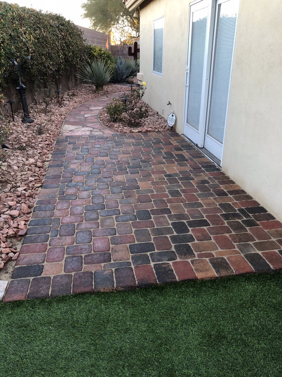 MaxEffort5's tweet photo. The deep enhancement of color in these 12 year old pavers is off the charts. Thanks to @EwingIrrigation for the Las Vegas job-site training class &amp; for bringing the SB-6750 &amp; Polysweep. 15 Vegas contractor crews learning cleaning, sand replacement &amp; Sealing @seksurebond #Stunning https://t.co/qla1ab0dqc
