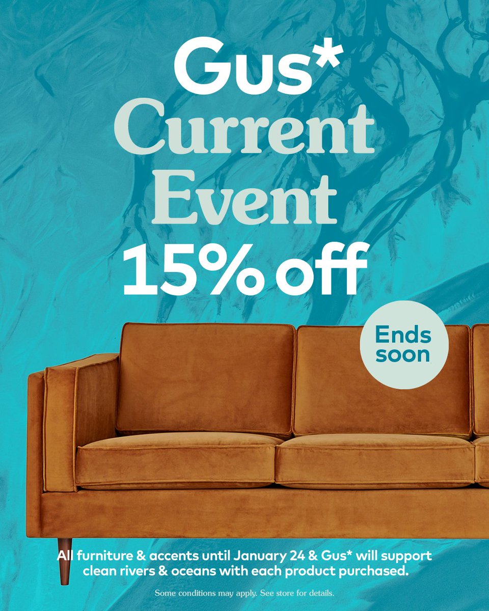 Gus* Modern (@gusmodern) on Twitter photo The #GusCurrentEvent ends soon! Save 15% on ALL Gus* Modern Furniture & Accents until January 24th ♻️🌊💧🐋A % of sales will be donated to <a href="/TheOceanCleanup/">The Ocean Cleanup</a>, an environmental non-profit organization whose mission is to rid the oceans of plastic. The #GusCurrentEvent ends soon! Save 15% on ALL Gus* Modern Furniture & Accents until January 24th ♻️🌊💧🐋A % of sales will be donated to <a href="/TheOceanCleanup/">The Ocean Cleanup</a>, an environmental non-profit organization whose mission is to rid the oceans of plastic.