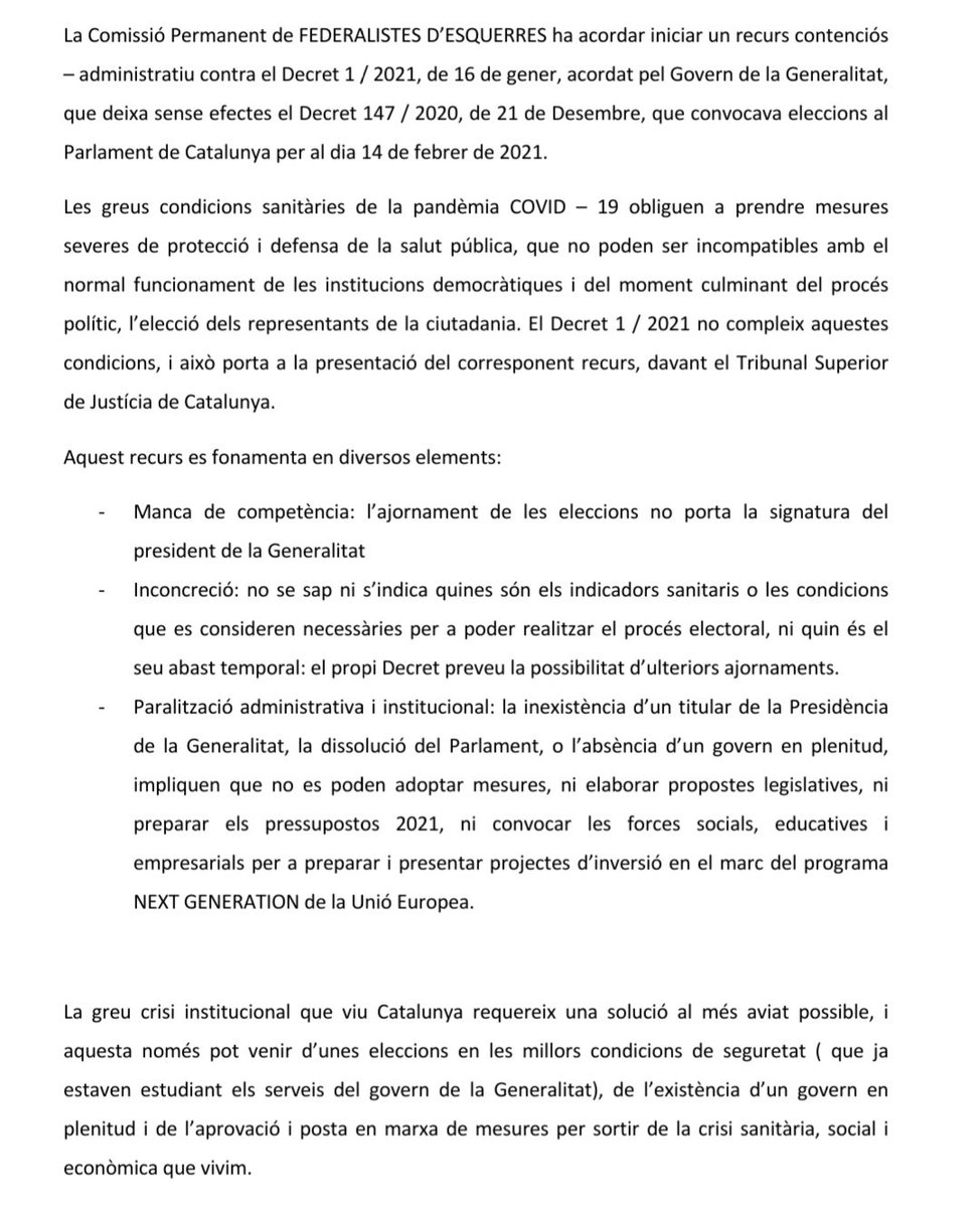 EsquerraFederal's tweet photo. 👉Per què presentarem un recurs al Tribunal Superior de Justícia de Catalunya per la suspensió de les eleccions autonòmiques del 14-F?👇 https://t.co/Ad1d9ecyvL