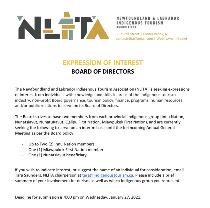 are you involved in Indigenous tourism and want to be more involved? We are looking for four Board Members. To learn more visit nlita.net/opportunities