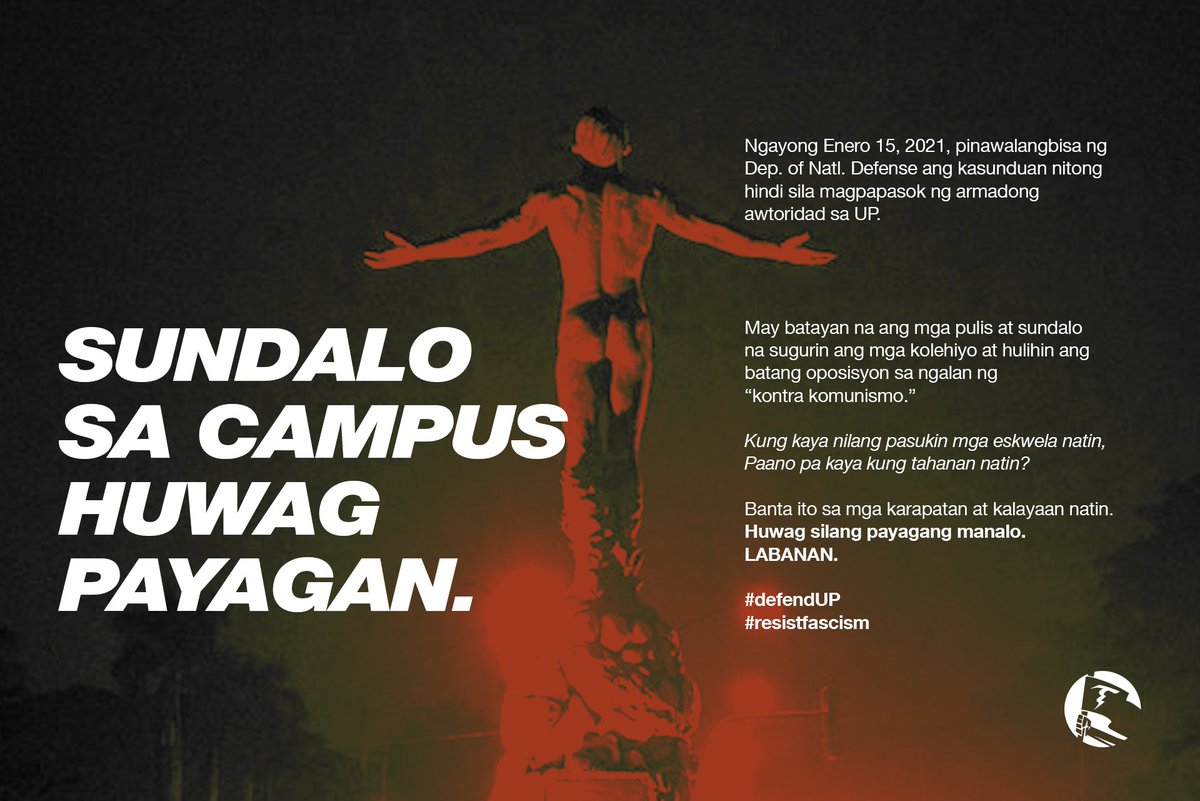 BandilangItimPH's tweet photo. Kahit hindi ka radikal, mahalagang malaman mo na balaking banta sa buhay at kalayaan ng madla ang ginagawa ng "Tanggulang Pambansa" sa mga paaralan natin.

Wag kalimutan: Kahit di ka komunista, pipinturahan ka nilang pula.

#DefendUP https://t.co/uUkRupRqsX