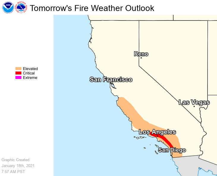 NWSBayArea's tweet photo. Lack of rainfall and an unusual strong offshore wind event has increased fire weather concerns across the state Monday and Tuesday.  Here's a look at @NWSSPC Fire Weather Outlook.  #cawx #cafire https://t.co/EpVR6gjfHw